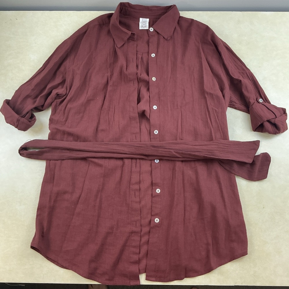 BECCA Gauzy Button Down Cover Up Shirt Dress Womens L Burgundy
